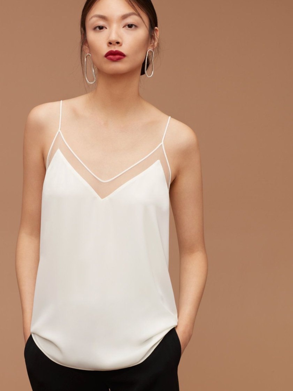 Aritzia Babaton Galen Camisole White Mesh Trim V-Neck Silk Feel Cami XXS